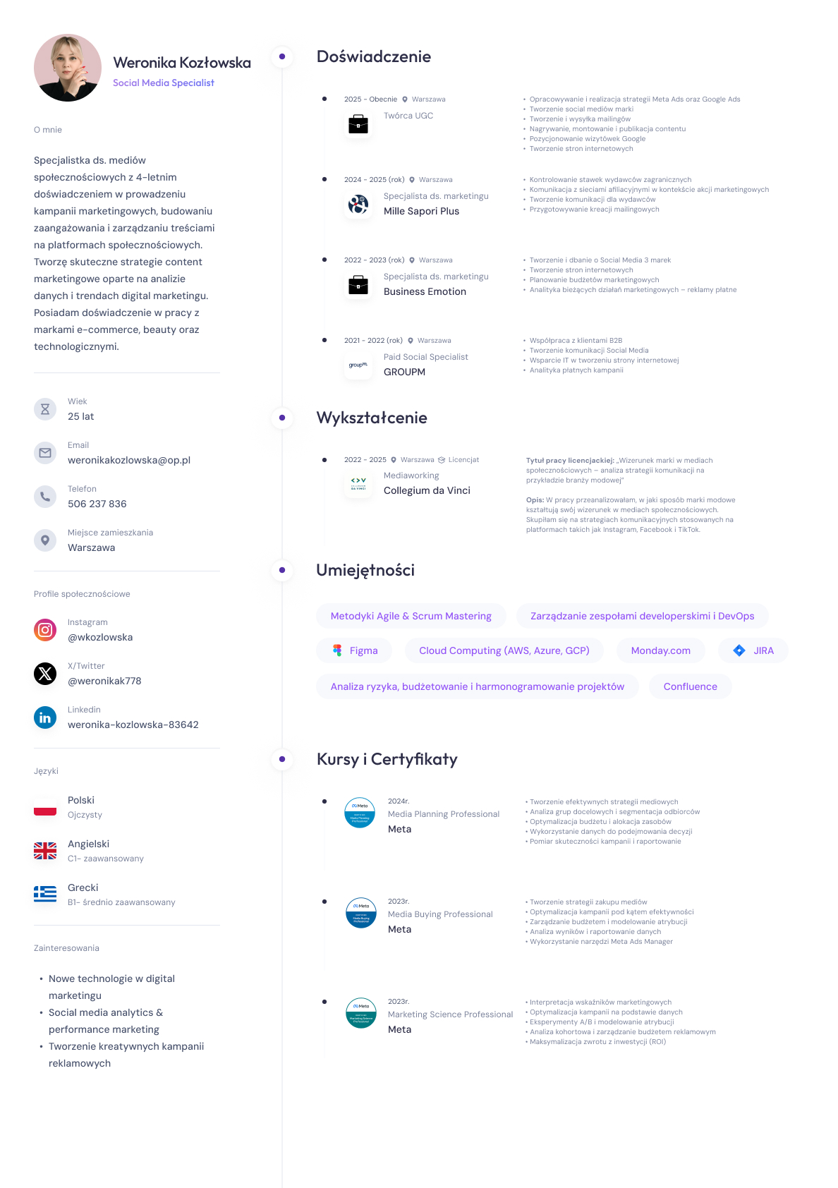 Example CV for Social Media Specialist